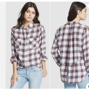 Sam Edelman-Split Hem Plaid Shirt with Zip Shoulder Detail